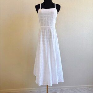 GAP Smocked Square Neck Midi Dress, White, Sz 2 Tall,‎ subtle plaid texture